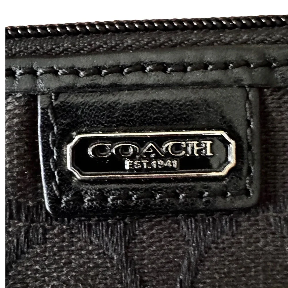 Coach Signature C Black Jacquard Wristlet Pouch Silver Hardware Leather Trim 4x6